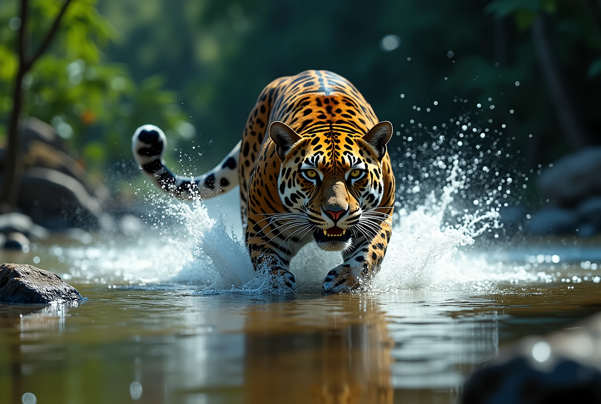 Create a dramatic, AI-generated artwork of a jaguar walking towards the camera from within a shallow lake. The jaguar should be depicted in a powerful and intense moment. Capture the dynamic motion of the jaguar as it splashes through the water, with its muscular body tensed and its piercing eyes focused on the viewer.

The scene should emphasize the splash and turbulence created by the jaguar's rapid movement through the water, with droplets and waves adding to the sense of urgency and aggression. The background should feature the natural elements of the jungle, such as dense foliage and partially submerged rocks, but with a focus on the jaguar and its immediate environment.

Use rich, vibrant colors and sharp details to highlight the jaguar’s distinctive coat and the textures of the wet fur. The lighting should be dramatic, with strong contrasts to emphasize the jaguar's fierce expression and the water's movement.

The final artwork should be high-resolution and visually impactful, capturing the raw power and intensity of the jaguar in its natural habitat, creating a striking and memorable image.