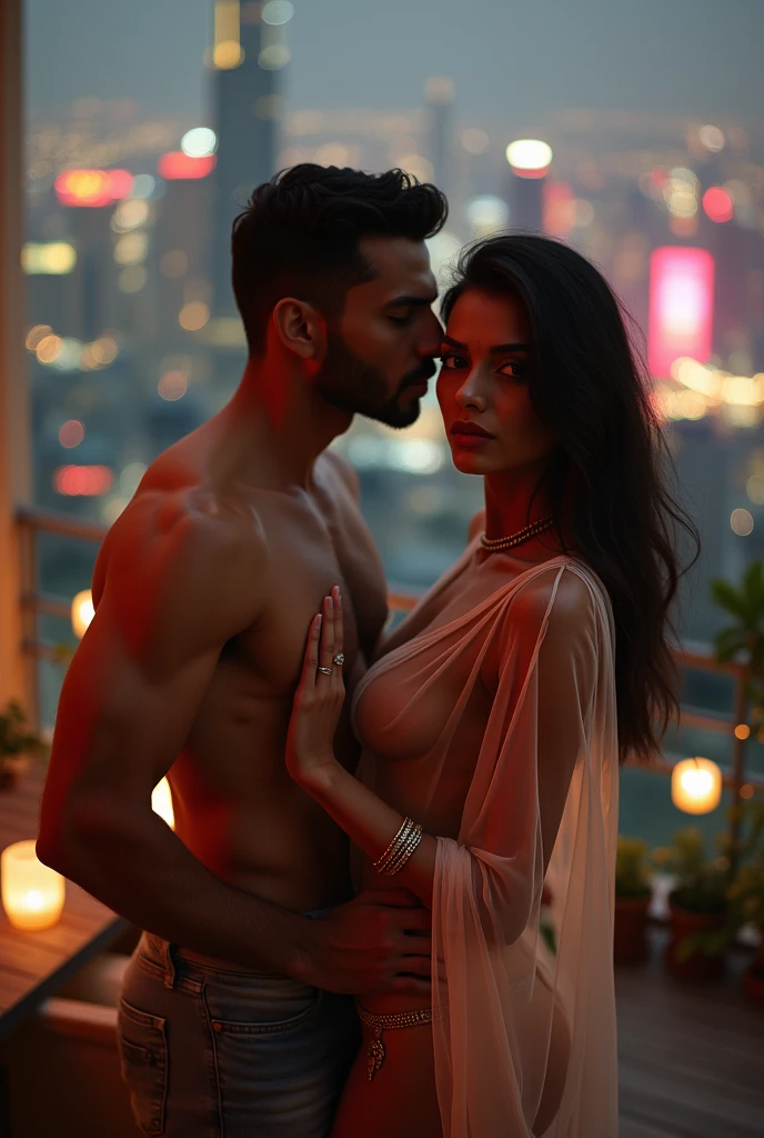 Indian woman and boyfriend having sex, nri in USA, in a cozy open terrace overlooking downtown, man grabbing breast from behind, man pinching breast, showing cleavage on oversized top, erotic thin top, transparent top, sexy facial expression, woman looking camera, nsfw only, man holds womans breast