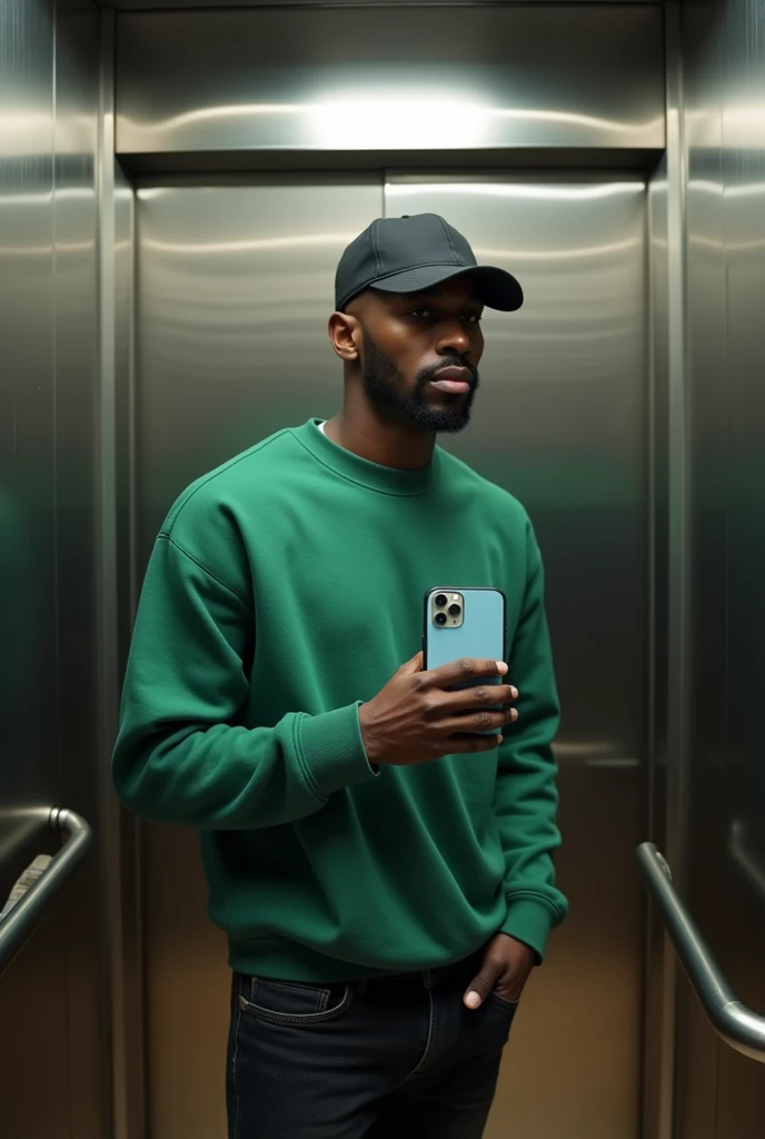 best qualityer:1.4), (ultra high resolution:1.2), (photorrealistic:1.4), (8k, CRU photo:1.2), 1 black man in his 20s, is wearing a green sweatshirt, He's wearing a black cap, He is wearing black jeans. He's in an elevator taking a picture in the mirror.. Corte de cabelo buzzcut. thin build. iPhone 14 case is baby blue. thin build. 1.75cm tall. thin build