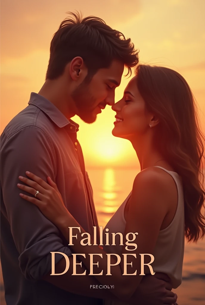 Design a thumbnail that captures the essence of a heartfelt love song titled 'Falling Deeper.' The image should feature a soft, romantic scene with warm tones, like a couple embracing or a serene sunset. Include the song title in elegant, easy-to-read text, positioned to stand out without overwhelming the image. The overall design should evoke deep emotion and love, drawing viewers in to click and listen."