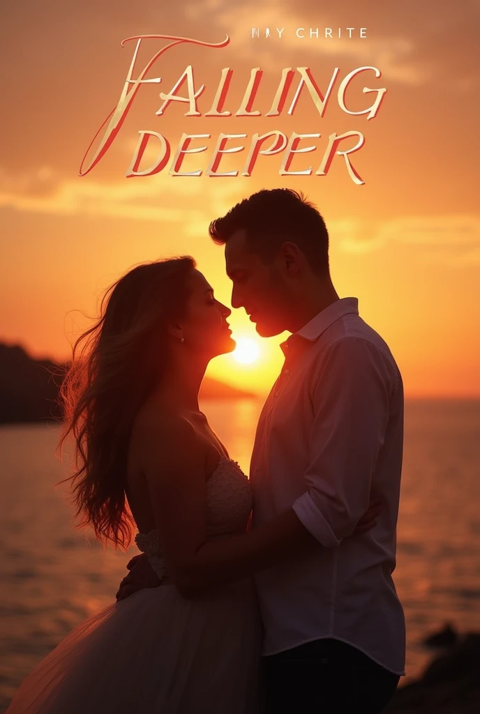 Design a thumbnail that captures the essence of a heartfelt love song titled 'Falling Deeper.' The image should feature a soft, romantic scene with warm tones, like a couple embracing or a serene sunset. Include the song title in elegant, easy-to-read text, positioned to stand out without overwhelming the image. The overall design should evoke deep emotion and love, drawing viewers in to click and listen."