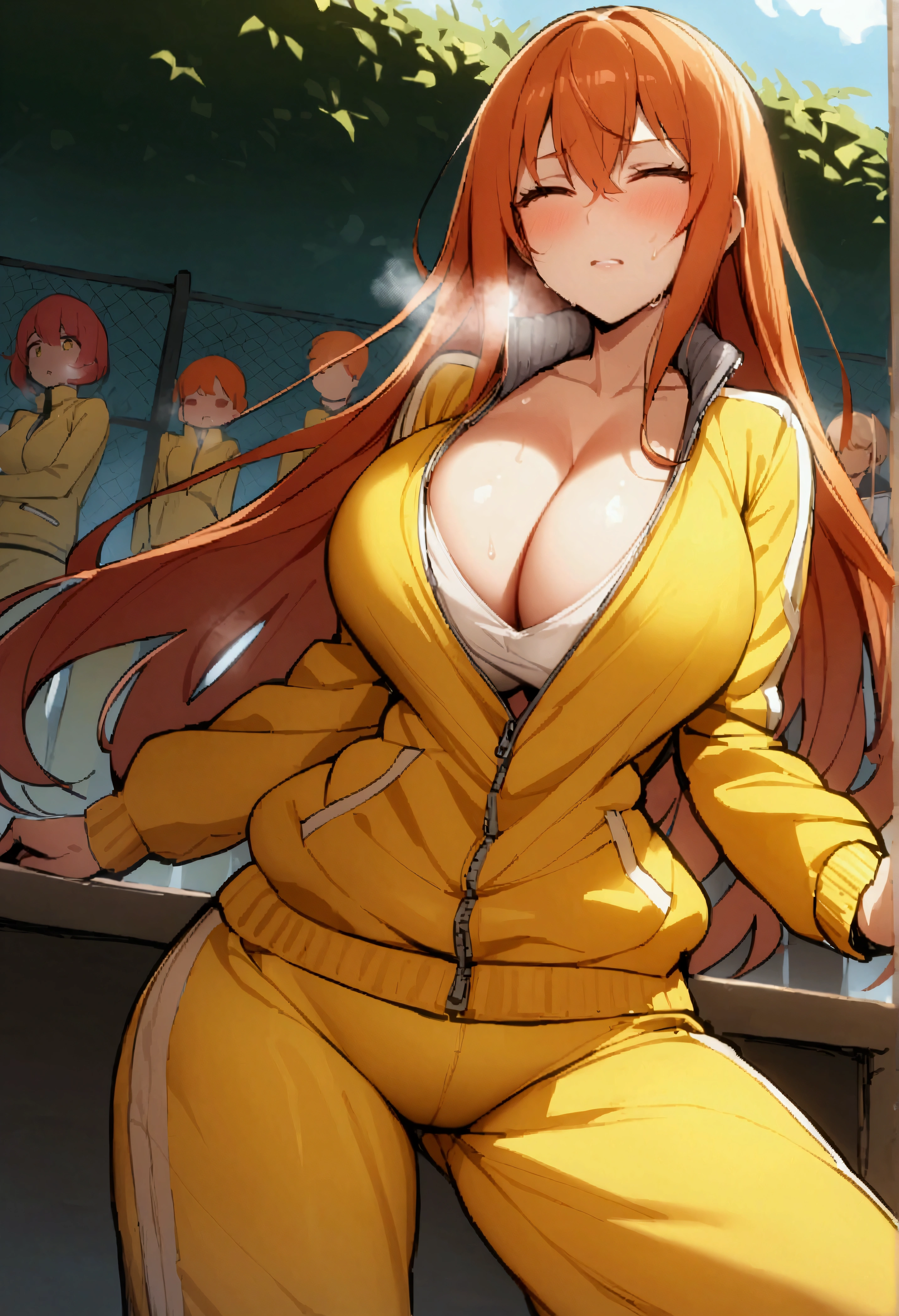 One girl、solo、Big Breasts、Long Hair、Redhead、Hair between the eyes、Close ~ eyes、Orange Hair、Cleavage、Partially unzipped、Yellow Jacket、Tracksuits、Long sleeve、Yellow pants、Track pants、Serious、Gritting your teeth、Narrow shoulders、Heavy breathing、Steaming body、garden、Outdoor、Watching the audience、(stretch:1.1)