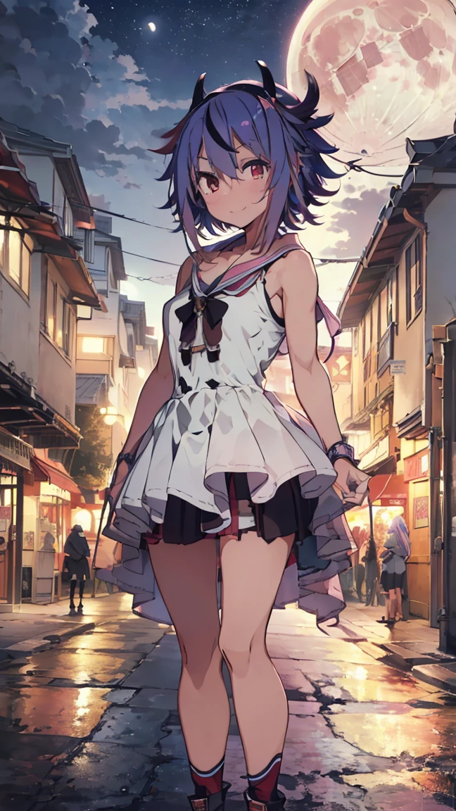 masterpiece, Highest quality, High resolution, Very detailed,(((Mikoto Naruka))), (((smile)))、(((Standing in the distance))), (((Streetscape))), (((night))), (((full moon))), (((Multicolored Hair))), (((horn))), (((Pink Eyes)))