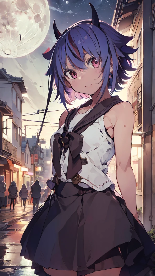 masterpiece, Highest quality, High resolution, Very detailed,(((Mikoto Naruka))), (((smile)))、(((Standing in the distance))), (((Streetscape))), (((night))), (((full moon))), (((Multicolored Hair))), (((horn))), (((Pink Eyes)))