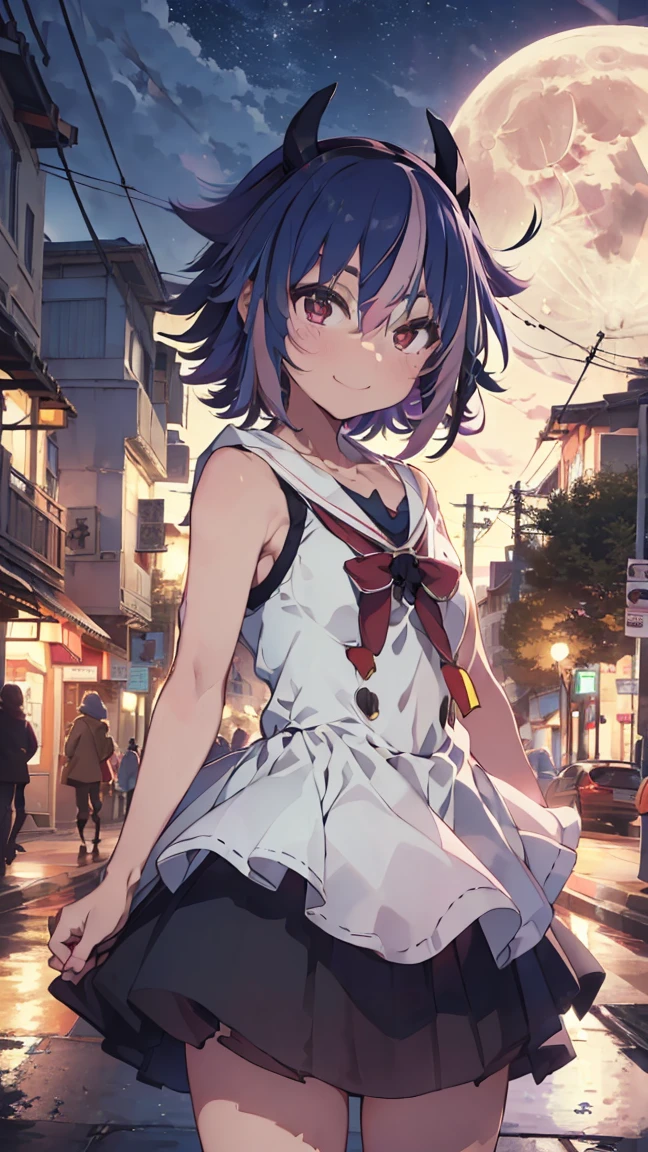 masterpiece, Highest quality, High resolution, Very detailed,(((Mikoto Naruka))), (((smile)))、(((Standing in the distance))), (((Streetscape))), (((night))), (((full moon))), (((Multicolored Hair))), (((horn))), (((Pink Eyes)))