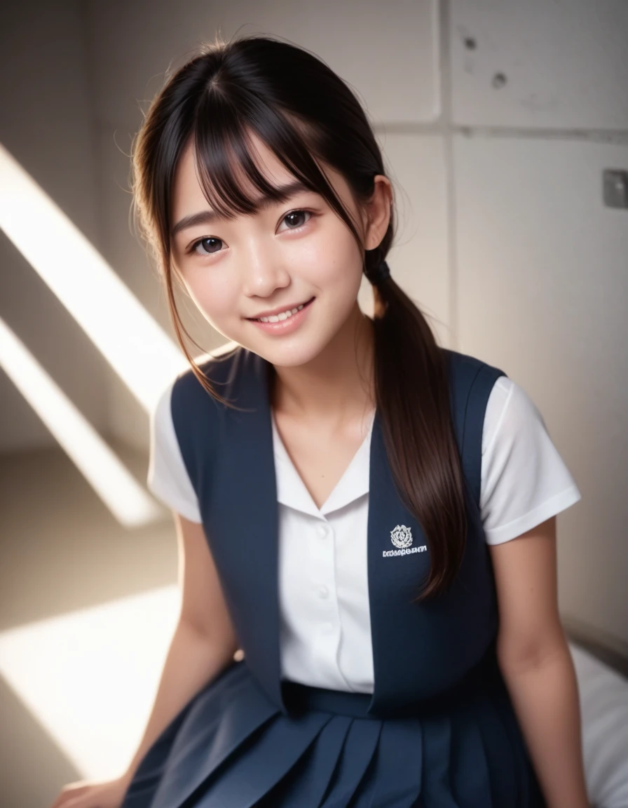 score_9, score_8_up, score_7_up,(Best quality:1.0),(masterpiece:1.0),photorealism, realistic, photorealistic, 1girl, solo, cute face,looking at viewer, (black hair:1.1), (black eyes), low ponytail, (small breasts:1.1), beautiful Detailed (well-shaped) breasts,slender, smile,(japanese:1.2), gym storeroom,short sleeves,school uniform, 15yo,,(Detailed Lighting), (Detailed background),BREAK ,,super detailed skin,shiny skin,very high resolution, very aesthetic, Best sexual lighting powered by famous artist, 8k, 16k, cute photo,beauty illustration,photoshop_(medium),,best photo 8k konachan wallpaper, pixiv contest winner,uncensored,