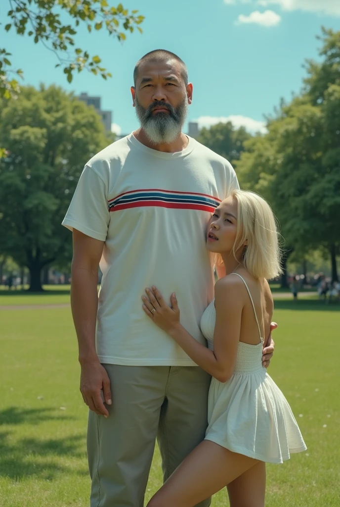 Photorealistic. handsome chinese man low nose bridge, wider nose, mid-30s with buzzcut and viking beard wearing white t-shirt with red blue horizontal stripe looking at camera. Peroxide blonde skinny girl wearing white summer dress worshipping at his feet. Hyde Park in background. Blue skies. 
