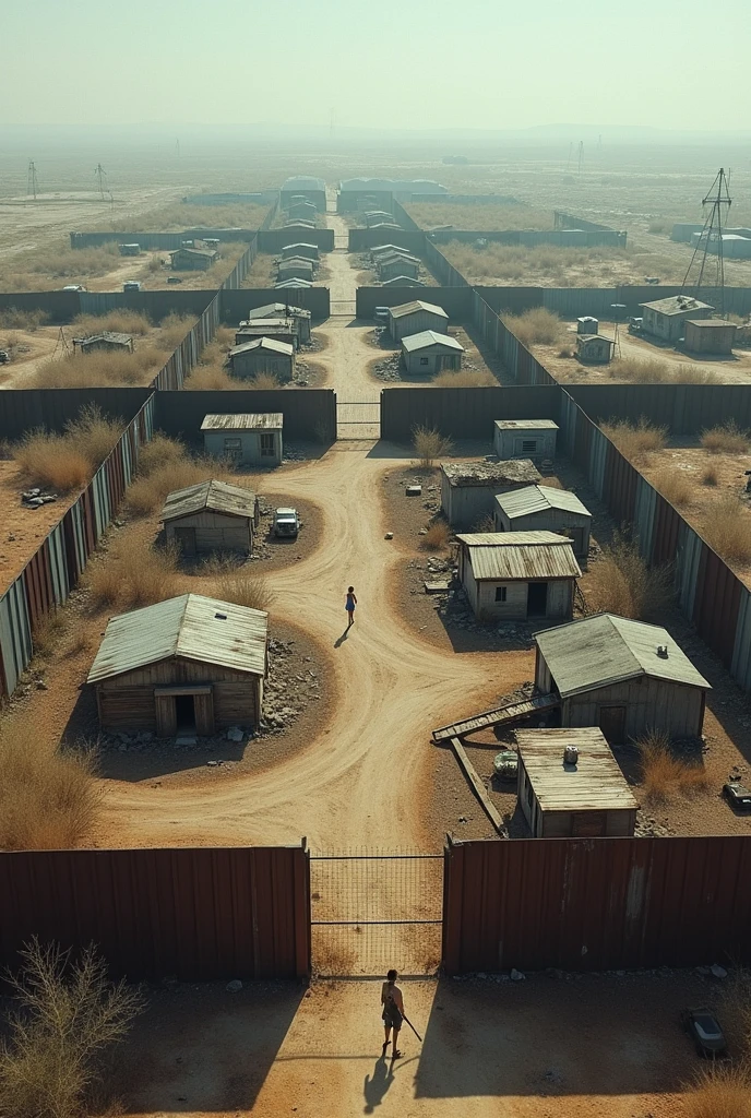 (photorealism:1.2), an american town in the post-apocalypse during the 2000´s. The town is surronded by a squared wall made of scrapped metal, and 300 people live there. The town looks clean and safe, not affected by the end of the world. The world outside the scrapped metal wall is desolated, dead and abandoned. The weather is clean, giving the town a a feeling of hope in contrast with the devastated landscape of outside the wall. View from the sky, so the whole town can be seen.