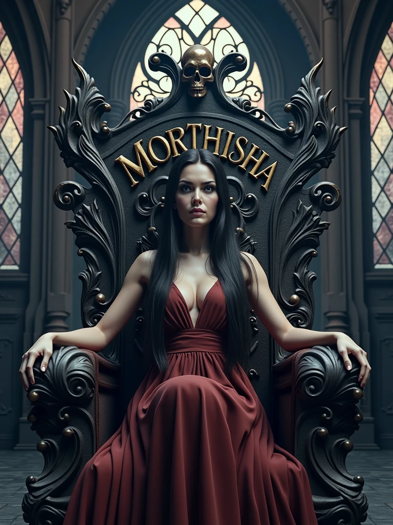 A captivating and high-quality 3D render of a dark fantasy scene featuring a beautiful woman with long, dark hair and piercing eyes. She sits majestically on a twisted, dark wood throne, intricately carved and adorned with a sinister skull atop the backrest. The font, Niagara Engraved, is elegantly written in silver metallic, spelling out the name "MORTHISHA." The dimly lit gothic room, with its stained glass windows, casts an eerie glow, while the chilling atmosphere and sinister aura draw the viewer into this mesmerizing, cinematic world. This 3D render is perfect for a poster or a movie still, showcasing the cinematic quality of the image.