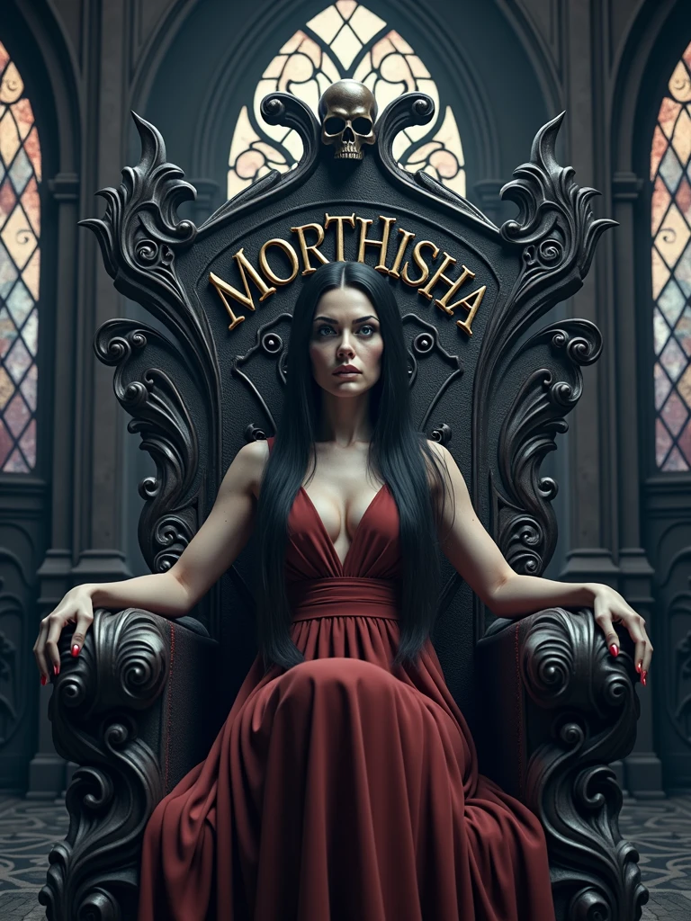 A captivating and high-quality 3D render of a dark fantasy scene featuring a beautiful woman with long, dark hair and piercing eyes. She sits majestically on a twisted, dark wood throne, intricately carved and adorned with a sinister skull atop the backrest. The font, Niagara Engraved, is elegantly written in silver metallic, spelling out the name "MORTHISHA." The dimly lit gothic room, with its stained glass windows, casts an eerie glow, while the chilling atmosphere and sinister aura draw the viewer into this mesmerizing, cinematic world. This 3D render is perfect for a poster or a movie still, showcasing the cinematic quality of the image.