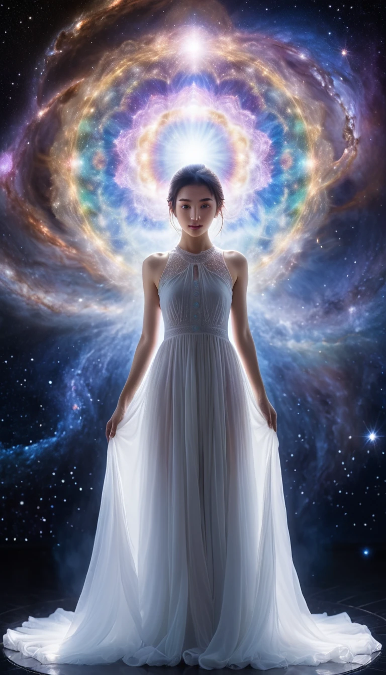 Floating,Highest quality, One person, Beautiful eyes, Looking at the camera（Show the whole body）, universe，Mind Aura Cleansing，The whole body is purified，A beautiful woman with a beloved aura
