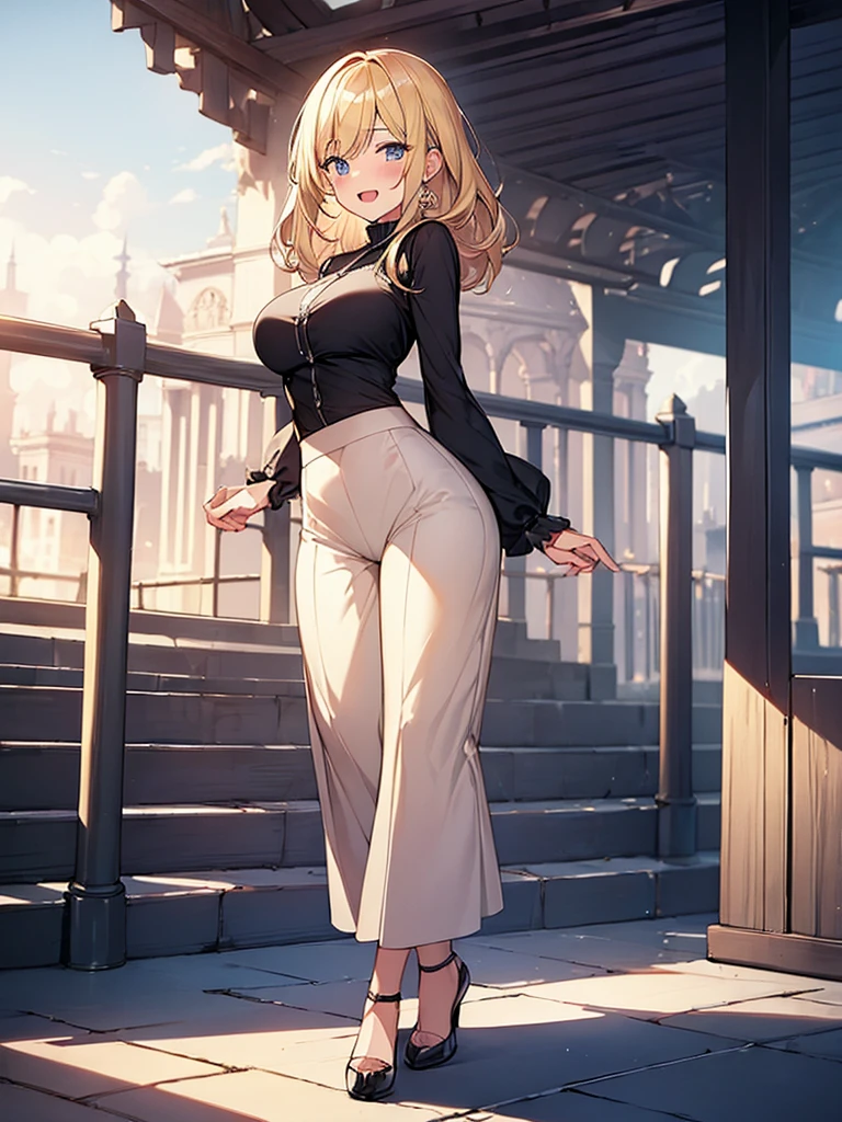 (Masterpiece, Top quality:1.5), full body, (1 beautiful girl, solo:1.2), (short height:1.2), (Palazzo Pants:1.3), Blonde hair:1.1, medium Hair, wavy Hair, asymmetry bangs, swept bangs, airy hair, large breasts:1.2, smile:1.3, blush, beautiful scene of station platform, magnificent panorama view, blurry background, open mouth, dynamic pose, dynamic angle