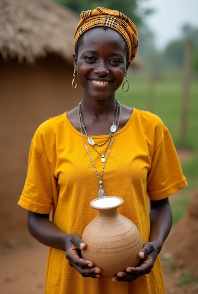 Jeune femme haoussa de 25ans souriant portant un habille jaune vus de face et renverssant du lait contenu dans une calebasse africaine