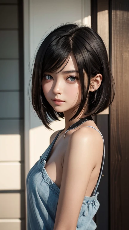a girl who has short, beautiful shoulder-length hair and eyes that have the impression of a sharp gaze and has a cheeky and indifferent facial gesture
