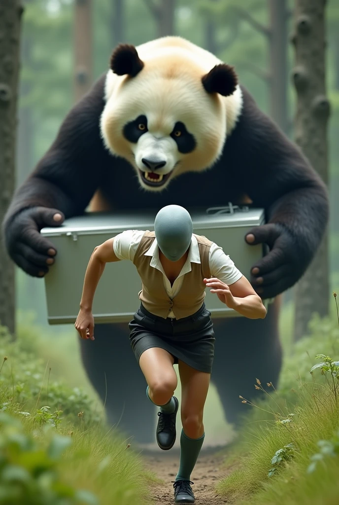 ((Highest quality)), ((Grey pigeon-headed woman screams)), (Angry Giant Panda), (Giant panda holding a refrigerator in both hands), Giant panda holding a refrigerator in both handsが後ろから追いかけてくる, A woman with a grey pigeon head is running as fast as she can to escape a giant panda, A grey pigeon-headed woman is wearing an off-white collared short-sleeved shirt, a light brown vest, a knee-length black skirt, dark green socks and black shoes., Muscular grey pigeon-headed woman, The background is a grassy forest, Photorealistic images,