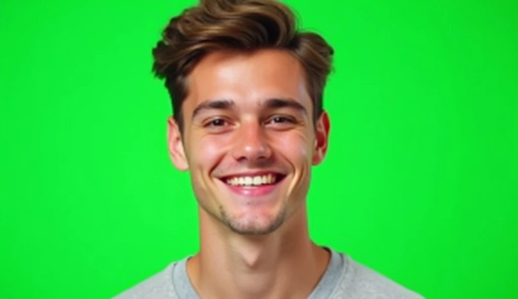 A portrait of a person, green screen background, young man with brown hair smiling