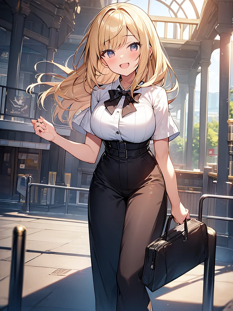 (Masterpiece, Top quality:1.5), full body, (1 beautiful girl, solo:1.2), (short height:1.2), (Culotte:1.3), Blonde hair:1.1, medium Hair, wavy Hair, asymmetry bangs, swept bangs, airy hair, large breasts:1.2, smile:1.3, blush, beautiful scene of station platform, magnificent panorama view, blurry background, open mouth, dynamic pose, dynamic angle