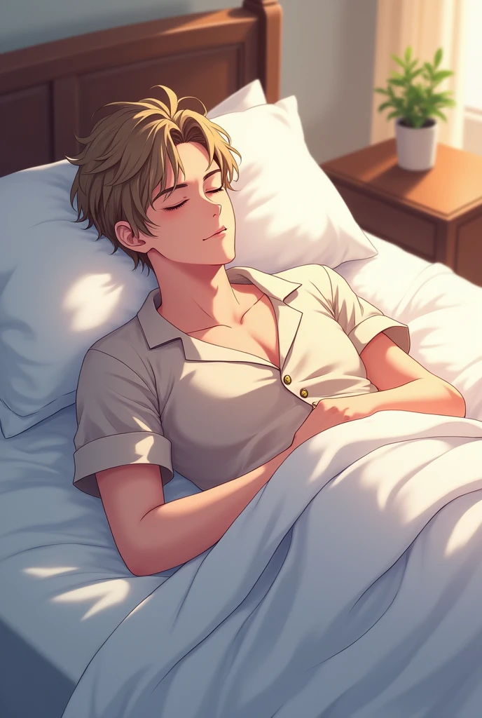 A full-body anime illustration of a fair-skinned handsome man in pajamas sleeping in bed