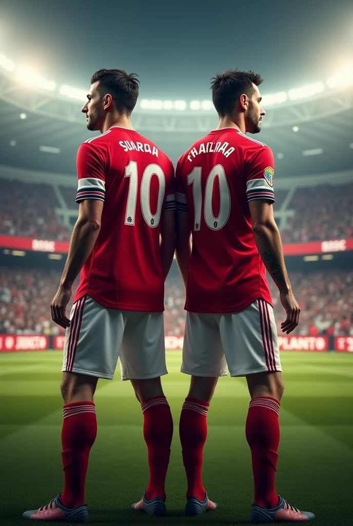 Create a movie cover style image, de um jogador de futebol ⚽ em um campo, and he's back to back with the number 10 on his shirt, and with the colors red, doradas, white and black.