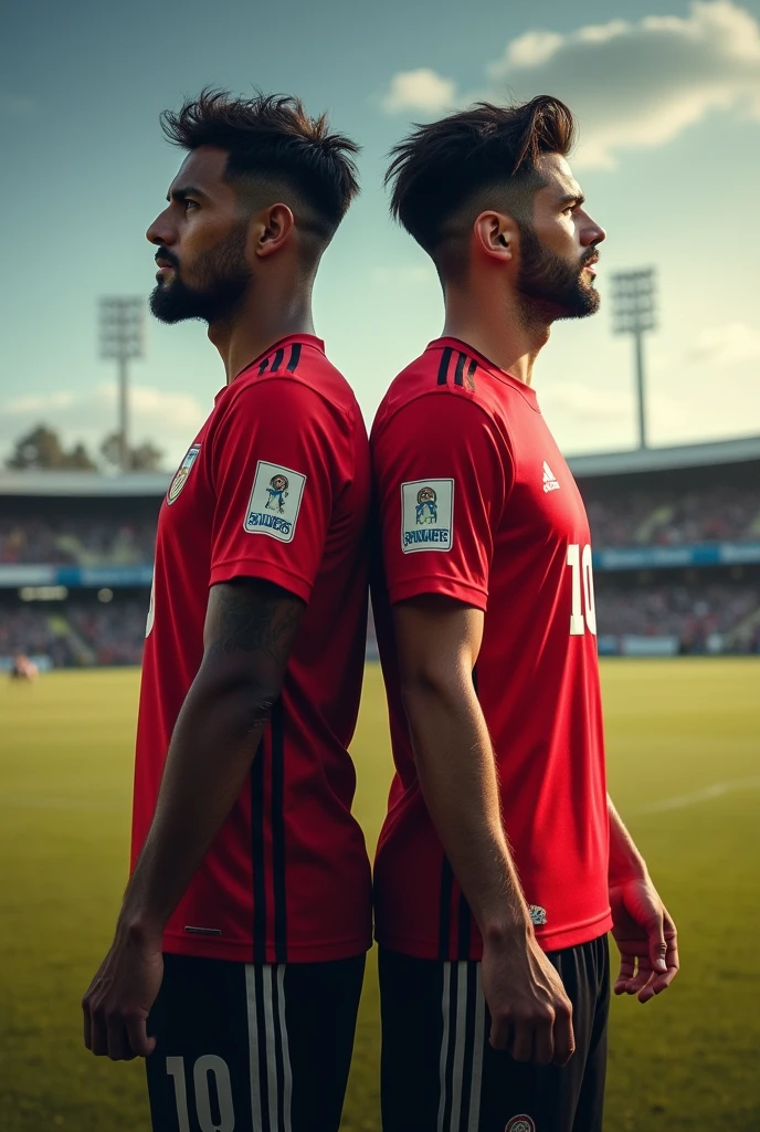 Create a movie cover style image, de um jogador de futebol ⚽ em um campo, and he's back to back with the number 10 on his shirt, and with the colors red, doradas, white and black.