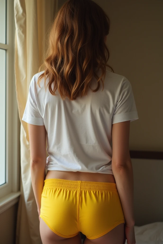 He is wearing yellow stained boys' briefs.、Masturbation scene of a beautiful girl in a polo shirt