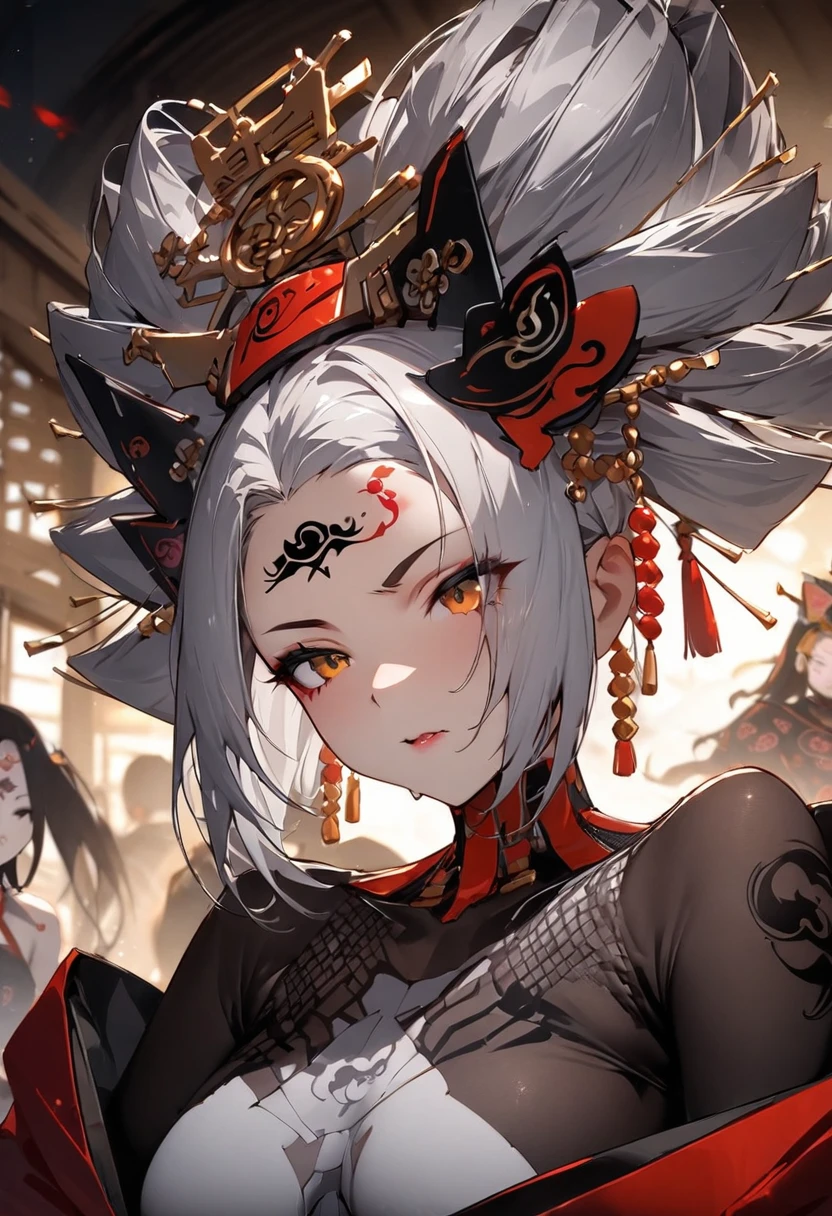 Ink painting, (((1 girl))), (((Tattoo in the middle of the forehead))),(((In the background is the Akatsuki moon))), (((Oiran))), (((Great hair accessories))), Demon possession, ((Masterpiece:1.2)), ((Highest quality)), (((Upper body covered))), close up, 1 woman ,the human, Silver hair, Upper body cyber armor, helmet , Neon Ritual Science Fiction Peter Elson Jean Giraud Dramatic Lighting (Masterpiece, Best quality), 
