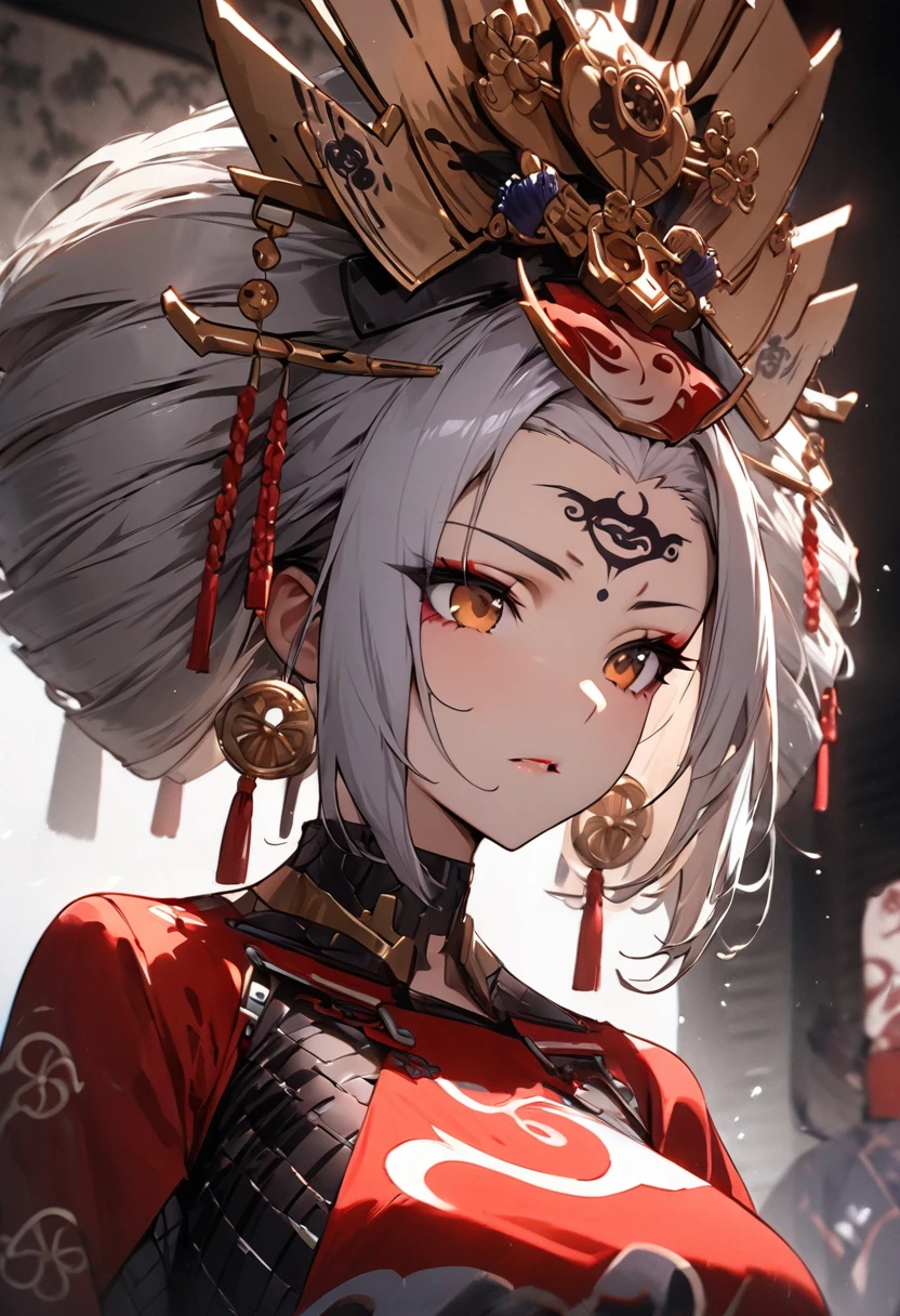 Ink painting, (((1 girl))), (((Tattoo in the middle of the forehead))),(((In the background is the Akatsuki moon))), (((Oiran))), (((Great hair accessories))), Demon possession, ((Masterpiece:1.2)), ((Highest quality)), (((Upper body covered))), close up, 1 woman ,the human, Silver hair, Upper body cyber armor, helmet , Neon Ritual Science Fiction Peter Elson Jean Giraud Dramatic Lighting (Masterpiece, Best quality),