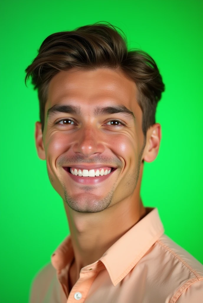 A portrait of a person, green screen background, young man with brown hair smiling
