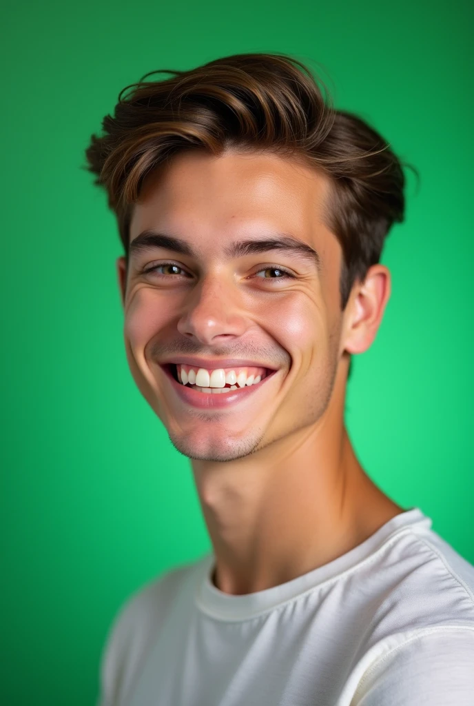 A portrait of a person, green screen background, young man with brown hair smiling