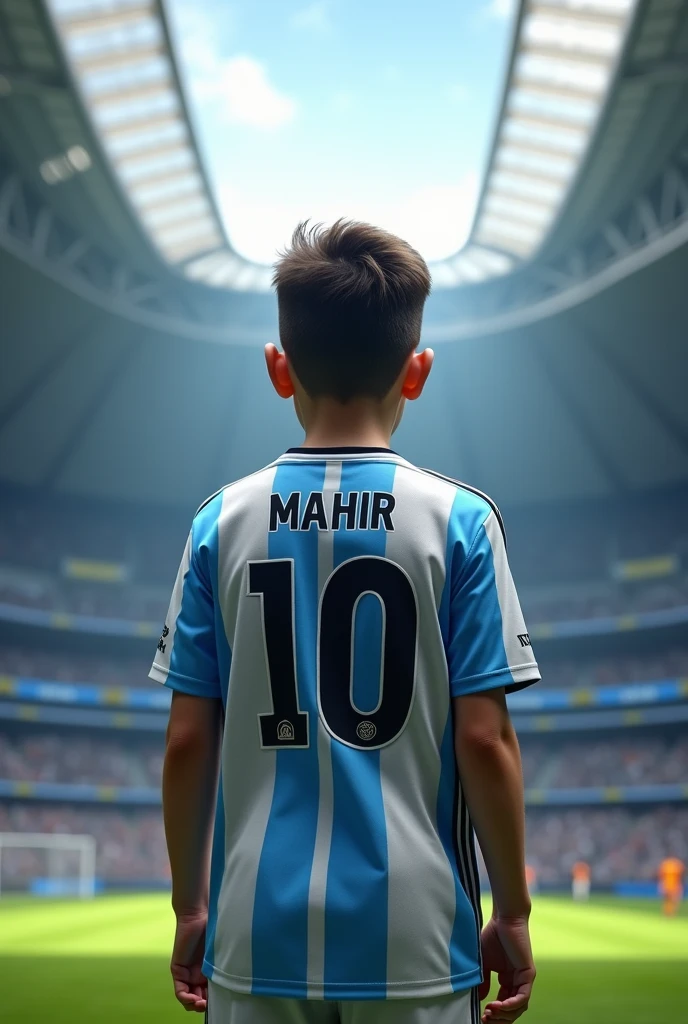 A 1 boy in argentina football jersey looking back and jersey number 10 name mahir and dressed white boy standing in the gallery inside the stadium