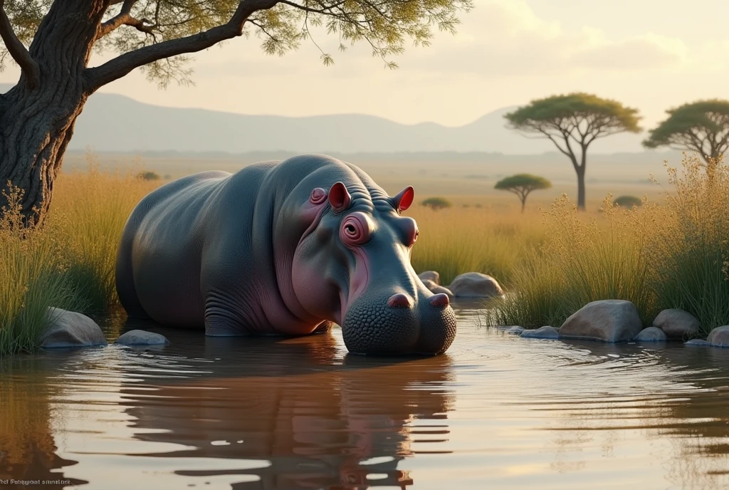 Create a captivating, AI-generated artwork of a hippopotamus drinking water in an African savanna. The hippo should be depicted in a natural and tranquil moment, partially submerged in a waterhole or a river, with its head lowered to drink. Capture the massive, rounded form of the hippo, including its large mouth and distinctive teeth.

The scene should reflect the African landscape, with a backdrop of lush vegetation, tall grasses, and perhaps a few distant acacia trees. Incorporate details such as the hippo's reflection in the water, the ripples created by its presence, and the texture of the muddy water.

Use earthy, natural tones to depict the savanna and the hippo’s grayish skin, highlighting the contrast between the hippo and the surrounding environment. The lighting should be soft and natural, conveying the warmth of the African sun and the peacefulness of the scene.

The style should be realistic yet artistic, with a focus on the details of the hippo and its habitat. The final artwork should be high-resolution and visually striking, capturing the majestic and serene nature of the hippo in its natural setting.