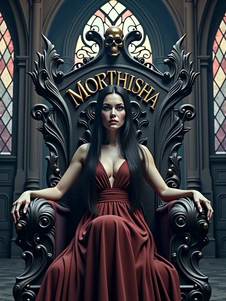 A captivating and high-quality 3D render of a dark fantasy scene featuring a beautiful woman with long, dark hair and piercing eyes. She sits majestically on a twisted, dark wood throne, intricately carved and adorned with a sinister skull atop the backrest. The font, Niagara Engraved, is elegantly written in silver metallic, spelling out the name "MORTHISHA." The dimly lit gothic room, with its stained glass windows, casts an eerie glow, while the chilling atmosphere and sinister aura draw the viewer into this mesmerizing, cinematic world. This 3D render is perfect for a poster or a movie still, showcasing the cinematic quality of the image.