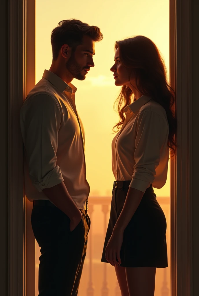 Ek handsome man jisne shirt or pent pehni h ek beautiful women jisne shirt or skart pehni h darwaje par khade or shocked hokar samne dekh re h  h seen morning ka h or sun light dikh rhi h