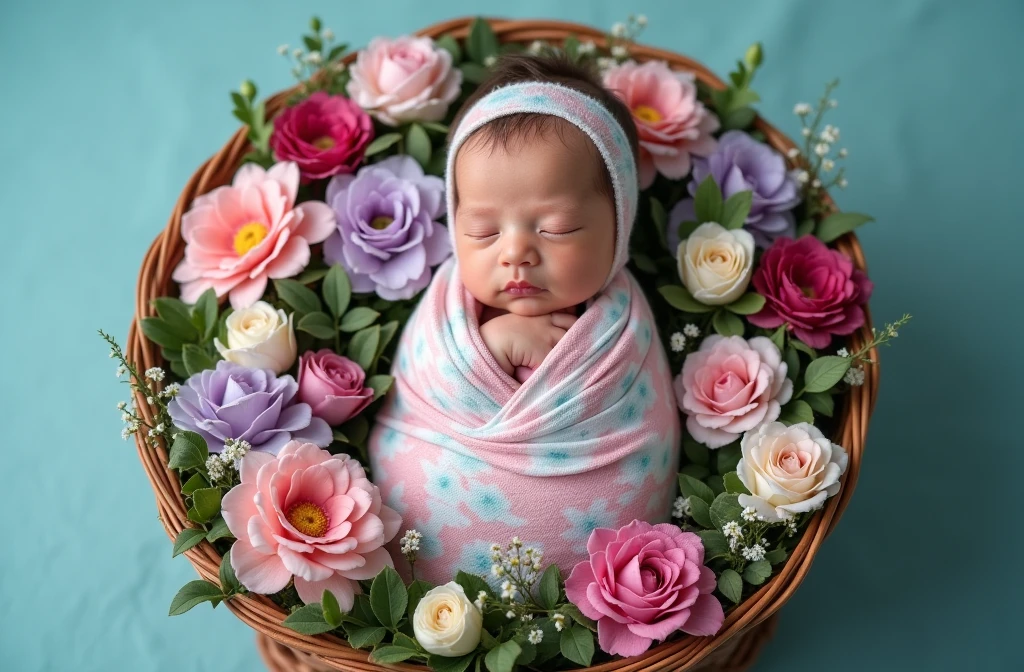 arafed baby wrapped in a blanket in a flower sape basket with flowers, a portrait inspired by Anne Geddes, shutterstock contest winner, art photography, wrapped in flowers, wrapped in cables and flowers, photo of a beautiful, wrapped in flowers and wired, maternal photography 4 k, fully covered, cyan photographic backdrop, close full body shot, full protrait. baby in flower , flower sape in baby