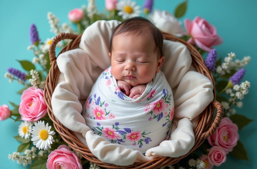 arafed baby wrapped in a blanket in a flower sape basket with flowers, a portrait inspired by Anne Geddes, shutterstock contest winner, art photography, wrapped in flowers, wrapped in cables and flowers, photo of a beautiful, wrapped in flowers and wired, maternal photography 4 k, fully covered, cyan photographic backdrop, close full body shot, full protrait. baby in flower , flower sape in baby