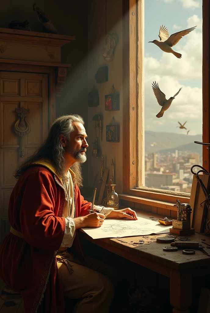 "A realistic portrayal of Leonardo da Vinci in his workshop, surrounded by sketches and models of flying machines, with a thoughtful expression as he studies birds flying outside his window, Renaissance Italy, detailed, warm lighting."