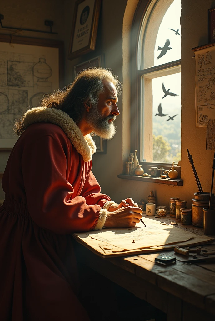 "A realistic portrayal of Leonardo da Vinci in his workshop, surrounded by sketches and models of flying machines, with a thoughtful expression as he studies birds flying outside his window, Renaissance Italy, detailed, warm lighting."