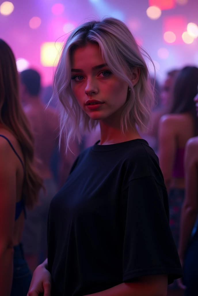 Beautiful girl in full growth, with white skin, light gray hair, Professional full-length photo, realistic, against the backdrop of a crowd at a party, dark atmosphere, Light music, Light show, dressed in a voluminous black wide T-shirt