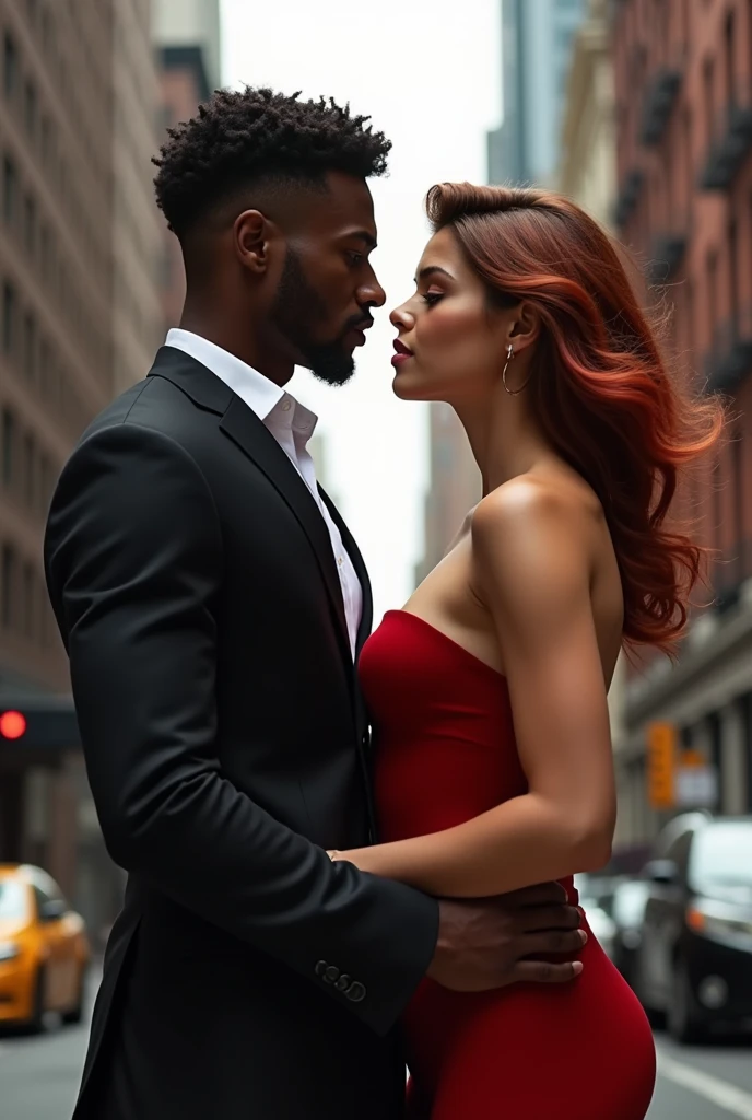A couple formed by a young black man with fine features, straight hair cut low, thin moustache, super tall stature, thin but with a muscular body, wearing formal clothes and an extremely white woman, greeneyes, short stature, super wide body with very wide hips and huge glutes, Waist slender. Wearing a long dress with long sleeves covering her arms. Wavy hair in light brown with a hint of red. The two are in New York facing each other.
