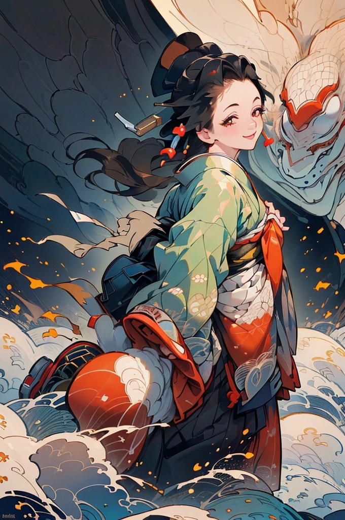((((High resolution, Intricate details, masterpiece, 8k, from front)))), (((beautiful, kimono, Ukiyo-e))), ((One Woman, smile, Red cheeks, slender)), (Black Hair, Beautiful forehead, Long Hair, ponytail, Big ribbon, Glowing Skin), from front, looking at viewer, look at viewer,