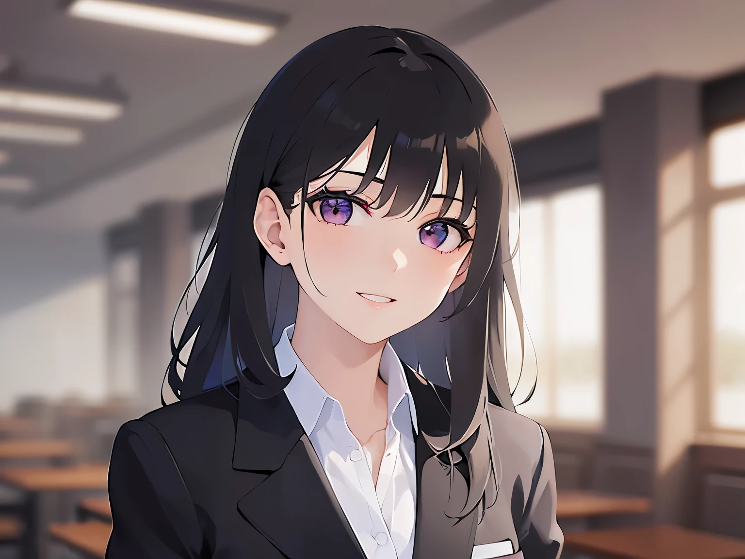 Realistic,real person,(pale skin:1.2),RAW photo,photorealistic,BREAK(Black blazer:1.5)and(white collared shirt)BREAK,shiny skin,shiny hair,-old woman with straight hair and bangs)and(medium hair)and(black hair)and(purple eyes),(smile),The background is the company cafeteria.,alone