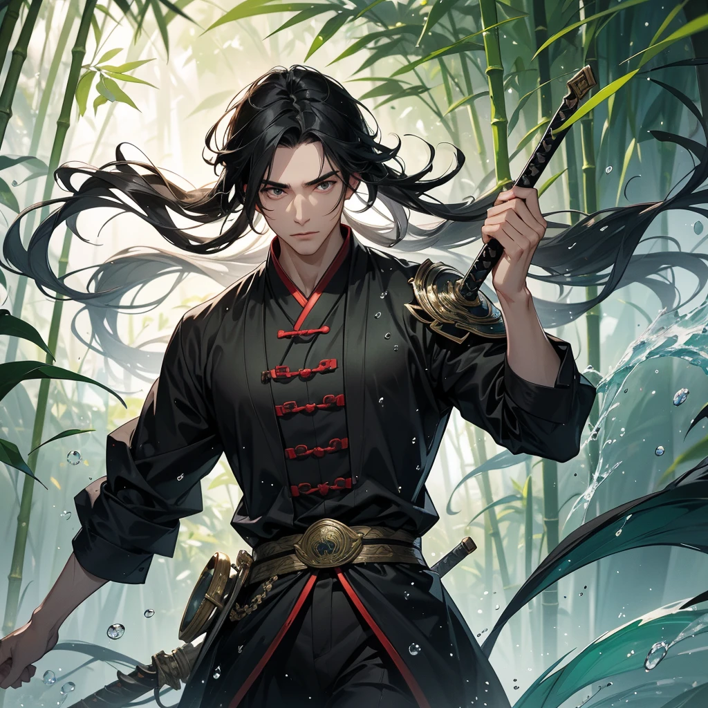 A Handsome black-hair male holding a large sword in black ancient chinese, close up.

The back is a lush green bamboo forest. The air after rain has water droplets splashing around.