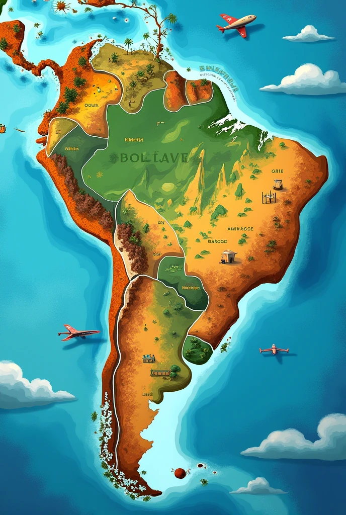 Map of South America showing Bolivia in the center, Pixar style drawing 