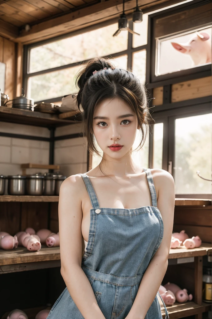 A girl in an apron stands in the middle of a room full of pigs,short ponytail,Bare shoulders,Large breasts,Showcase industrial photography,Realistic Scenery,Photography Carnival,wildlife photography,aurora punk,animal and human style,Upper Body