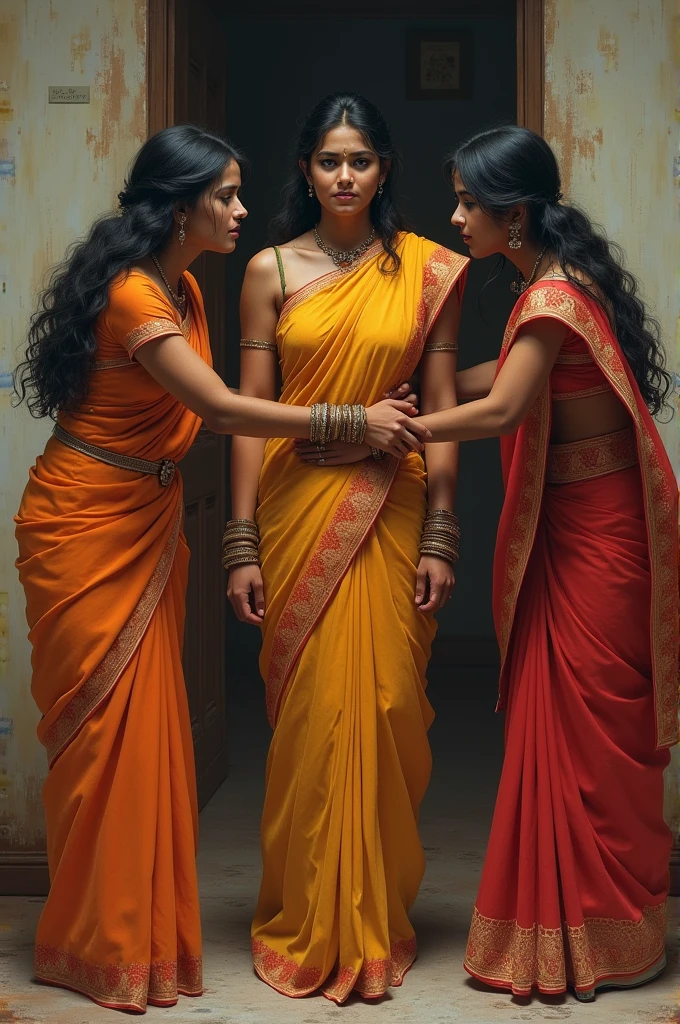 3 to 4 girls making a boy wearing saree. The girls should be wearing traditional Indian saree. The boy should be tied up. The boy should be wearing blouse and a traditional Indian women saree