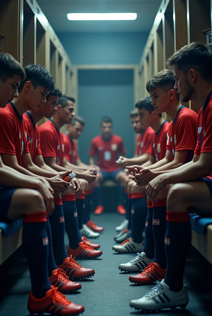 Create a vignette of two soccer teams concentrated in their locker rooms