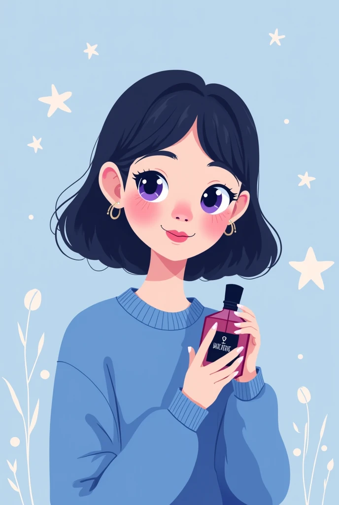digital illustration simple shapes soft lines cartoon style, modern youth with a touch of surrealism ,digital illustrations on social media , with a minimalist single-color background ( light blue ) with details in soft lines and soft star patterns , a woman with big purple eyes cartoonishly holding a bottle of perfume wearing a blue sweater , with soft shadows around her eyes , Ear piercings and a thoughtful expression