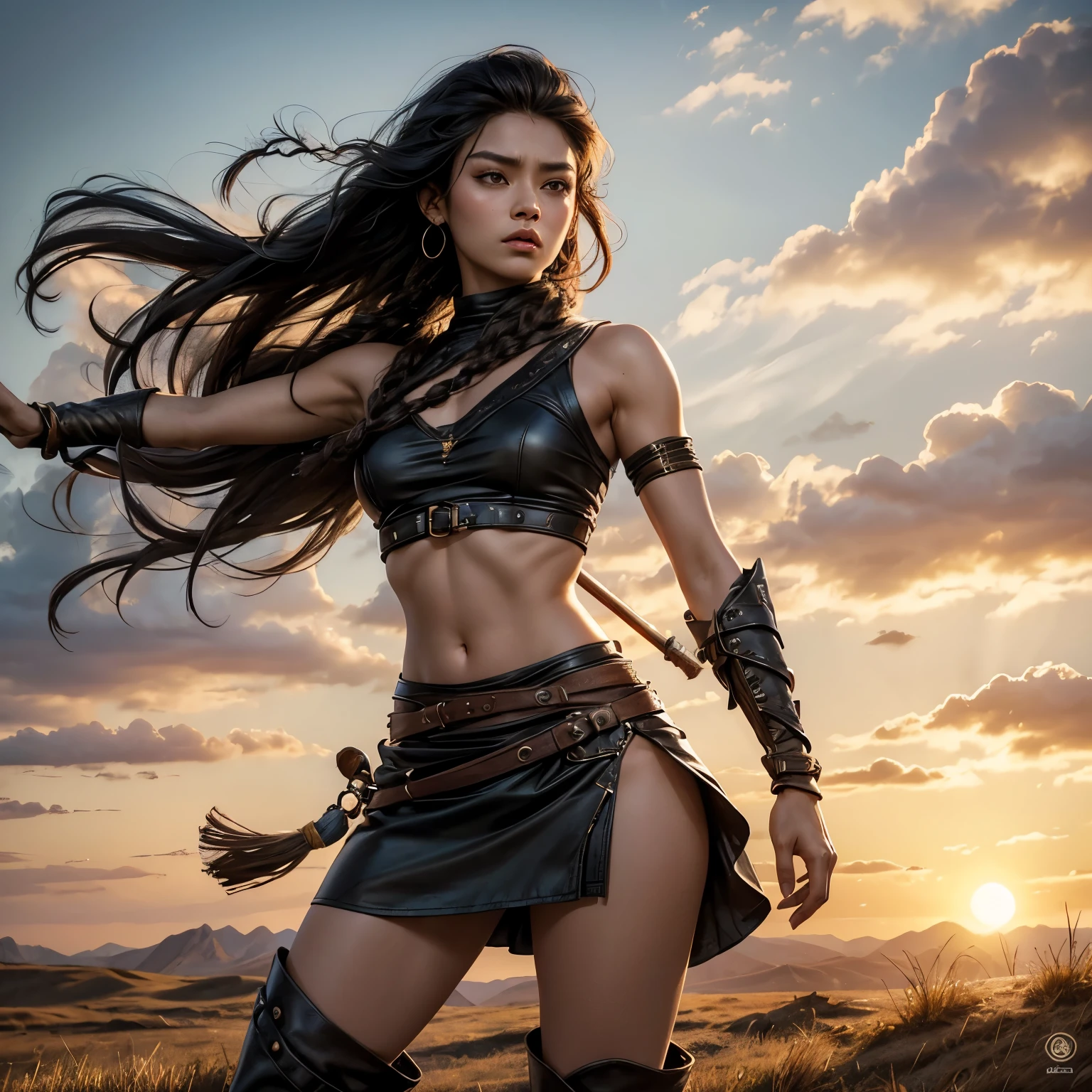 Style: "Prehistoric fantasy setting with a focus on authentic primitive clothing and accessories, reflecting the materials and craftsmanship of early human cultures."
Maya is a beautiful prehistoric woman of the Mongoloid race.
Face: Rounded, with soft features. Almond-shaped brown eyes, short and straight nose. Lips of medium thickness, natural pink color. The hair is black, straight, long, braided into one thick braid. The skin is light olive.
Body: Medium height, slender and flexible, slightly muscular figure. The breasts are small, the stomach is tight, the hips are round, the legs are strong and flexible.
Tattoo: A primitive pattern of wavy lines running from the right collarbone to the middle of the chest. Three black dots near the outer corner of the left eye.
(Steppe warrior)
Clothing:
A short leather top that leaves the stomach exposed. A skirt made of leather, with an asymmetrical cut that covers one leg more than the other.
High knee-high leather boots with fur trim.
Outside:
Maya stands on a hill, holding a spear raised above her head. She leaned forward a little, as if preparing to throw a spear.
Facial expression: Brave, determined, eyes focused, lips slightly pursed, as if before an important throw.
Background:
Wide steppe area with tall grass swaying under the influence of the wind. Low mountains illuminated by the setting sun can be seen on the horizon.