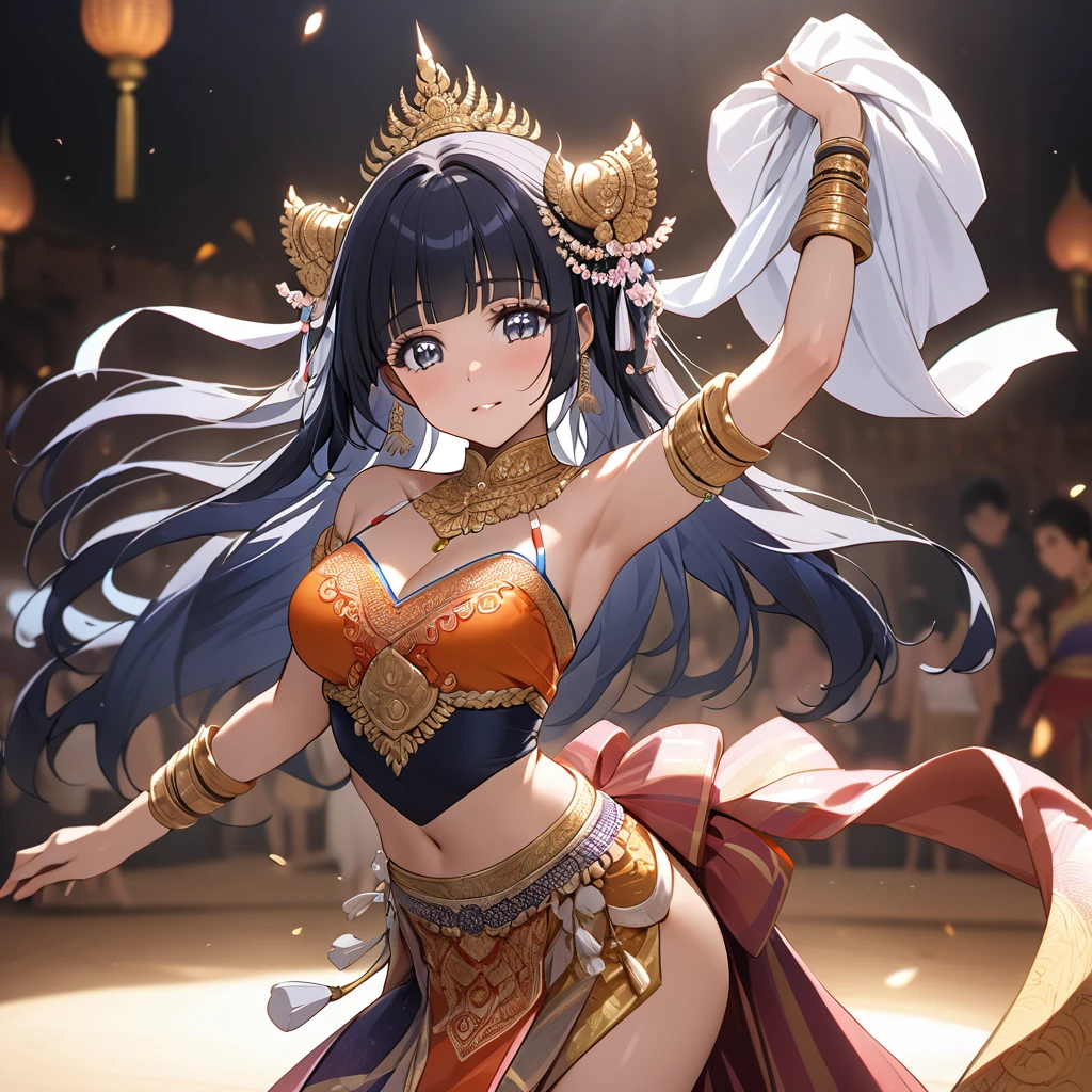 ((Highest quality)), ((masterpiece)), (detailed), (Perfect Face)、The woman is Reika Aoki, a dark-skinned Thai with semi-long hair.、A woman is wearing a Thai dance costume and dancing the Thai dance Ram in Thailand