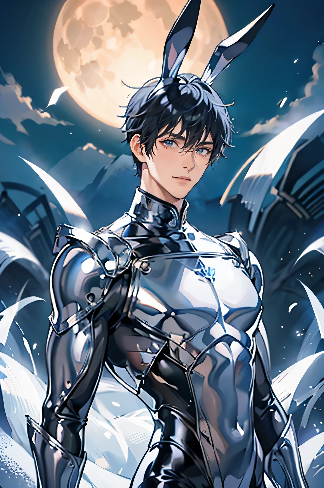 Japanese Handsome model male smile Black Hair Short cut Short hair looking at the camera Shiny full-body silver suit Mega Bulge Shiny silver latex suit looking at the camera future world universe Full moon in the background Upper Body Face close-up Bunny ears